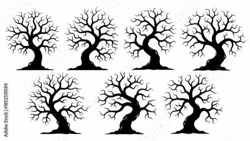 Collection of seven bare tree silhouettes with intricate branches.