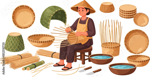 Woman weaving traditional bamboo baskets and plates.