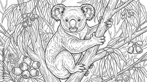 A detailed line drawing of a koala clinging to a tree branch surrounded by eucalyptus leaves and berries in a dense forest with a monochromatic color scheme.
