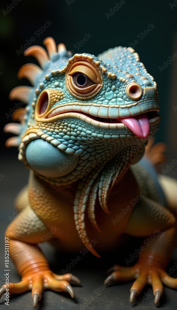 Obraz premium Iguana head, pink tongue flicking, serrated teeth, wildlife photography, pink