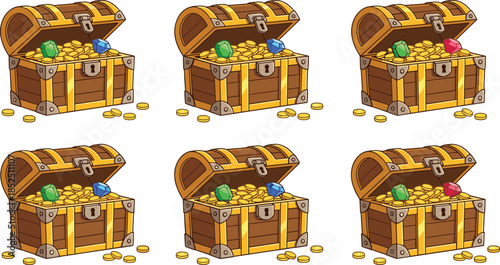 Treasure chest icons set with gold coins and gems for fantasy adventure game ui assets collection pack design illustration