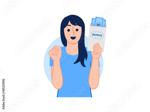 Happy woman earn extra money in envelope bonus cash gift rewarding achievement financial incentives