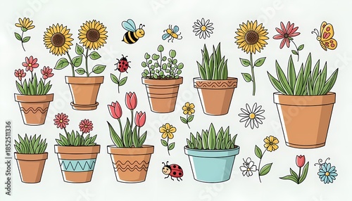 Cute Potted Flowers and Plants Set with Bees and Ladybugs Illustration