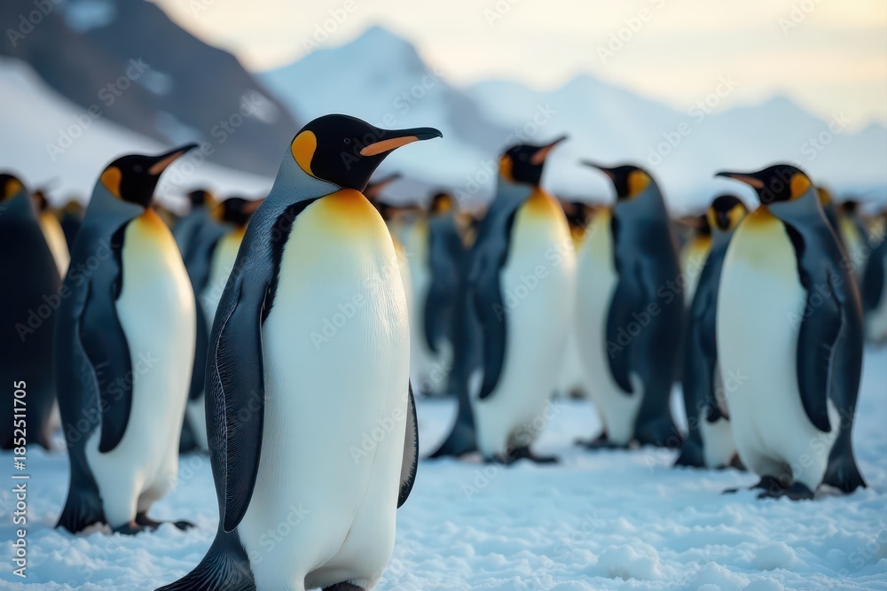 Fototapeta premium Large king penguin cuts through tightly packed penguins , birds of prey, sea