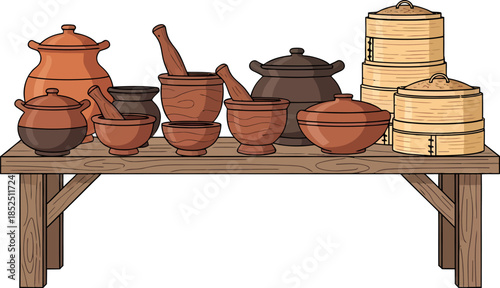 Clay Pots and Cooking Utensils on Table.