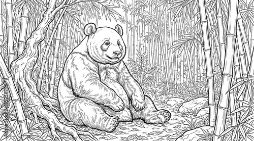A smiling panda sitting on the ground in a serene bamboo forest with dense foliage and trees, depicted in a detailed line drawing with a calm and natural mood.