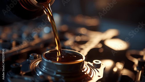 Dramatic close-up of thick, golden engine oil pouring into a metallic motor block during routine maintenance in a dark garage.