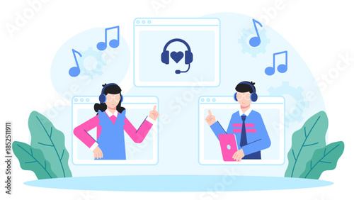 Online Music Therapy Session for Stress Relief. Flat Vector Business Illustration