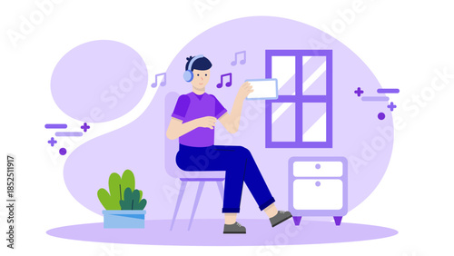 Online Music Therapy Session for Stress Relief. Flat Vector Business Illustration