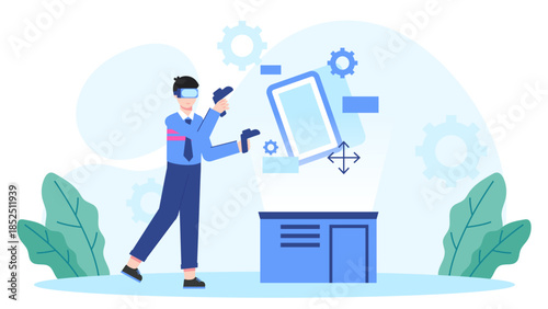 Virtual Reality Used for Remote Equipment Repair. Flat Vector Business Illustration