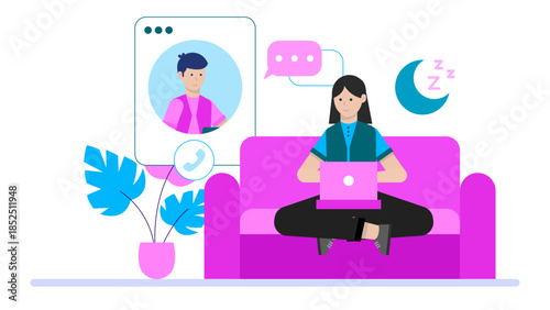 Telehealth Specialist Providing Sleep Counseling. Flat Vector Business Illustration