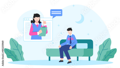 Telehealth Specialist Providing Sleep Counseling. Flat Vector Business Illustration
