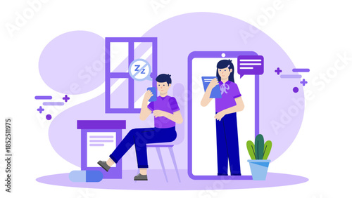 Telehealth Specialist Providing Sleep Counseling. Flat Vector Business Illustration