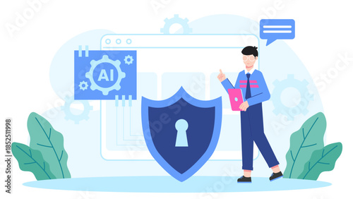 AI System Monitoring Network Security Threats. Flat Vector Business Illustration