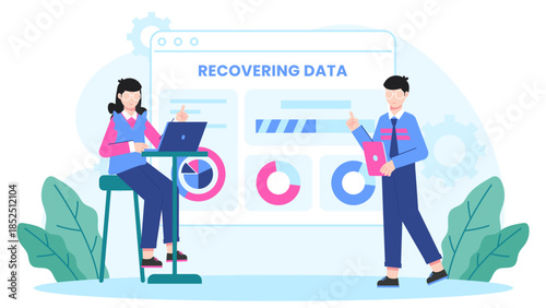 Digital Forensics Team Recovering Lost Data. Flat Vector Business Illustration
