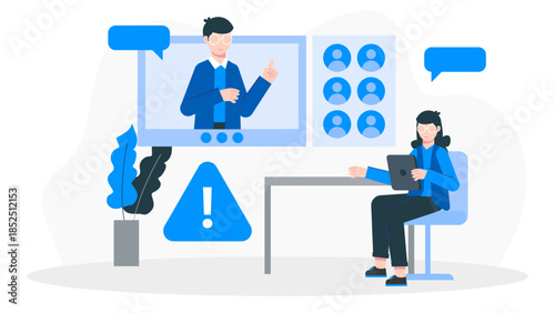 Corporate Team Conducting a Virtual Risk Assessment Workshop. Flat Vector Business Illustration