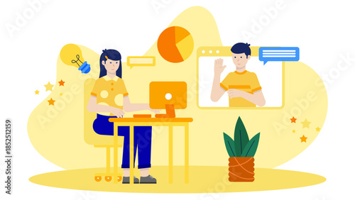 Corporate Team Conducting a Virtual Risk Assessment Workshop. Flat Vector Business Illustration