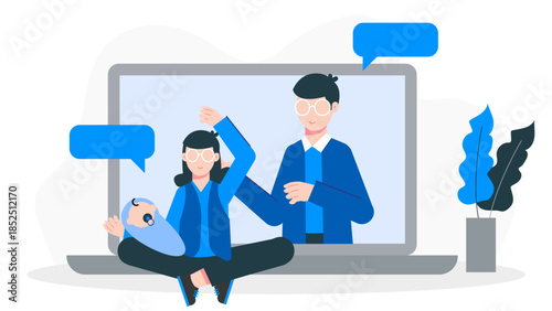 Online Fitness Trainer Leading a Postnatal Recovery Class. Flat Vector Business Illustration