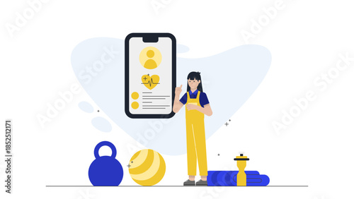 Online Fitness Trainer Leading a Postnatal Recovery Class. Flat Vector Business Illustration