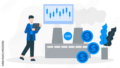 Sustainable Company Implementing a Carbon Credit Trading Program. Flat Vector Business Illustration