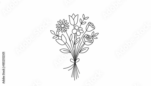 Minimal Hand Drawn Floral Bouquet Line Art Black and White Illustration