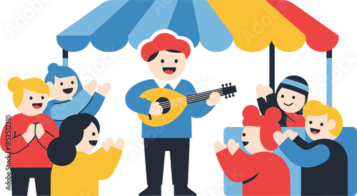 Man Playing Guitar for Crowd Under Tent.