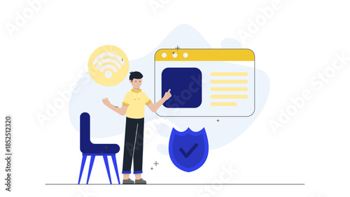 Remote Team Using a Virtual Private Network for Security. Flat Vector Business Illustration