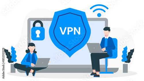 Remote Team Using a Virtual Private Network for Security. Flat Vector Business Illustration