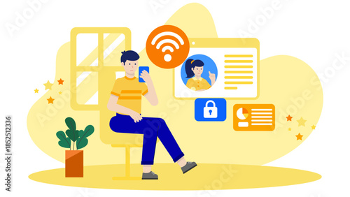 Remote Team Using a Virtual Private Network for Security. Flat Vector Business Illustration