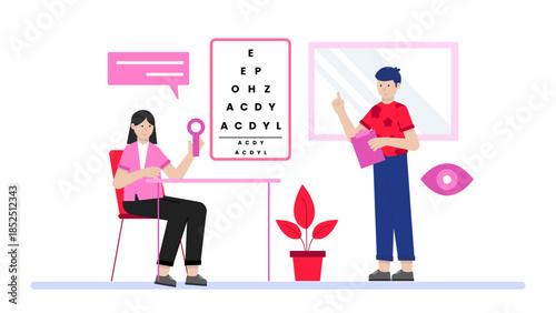 Telehealth Optometrist Conducting an Eye Exam. Flat Vector Business Illustration