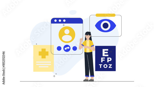 Telehealth Optometrist Conducting an Eye Exam. Flat Vector Business Illustration