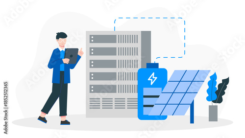 Data Center Transitioning to Renewable Energy Sources. Flat Vector Business Illustration