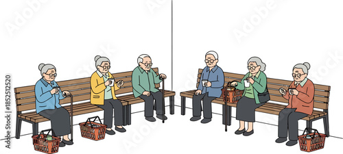 Elderly People Wearing Masks Sitting Benches.