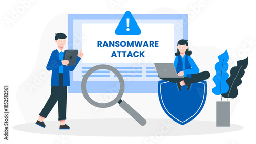Cybersecurity Team Responding to a Ransomware Attack. Flat Vector Business Illustration