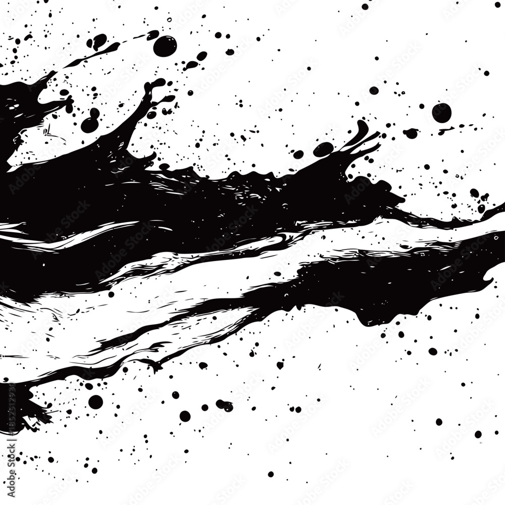 Naklejka premium Dynamic black liquid paint splatter with artistic ink splash effects and chaotic droplets on white background for contemporary creative arts and textured design projects