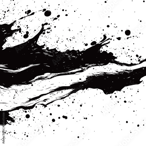 Dynamic black liquid paint splatter with artistic ink splash effects and chaotic droplets on white background for contemporary creative arts and textured design projects