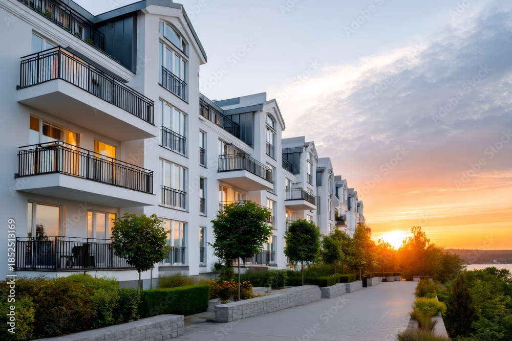 Fototapeta premium Modern residential building complex at sunset with lake view