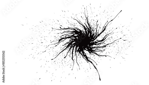 Centralized black ink burst with expressive liquid splatters and radial paint splash texture on white background for artistic explosion and creative energy design