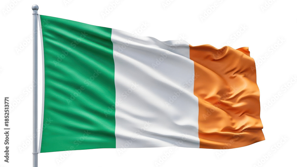 Fototapeta premium The irish flag waving on a silver pole isolated on transparent background