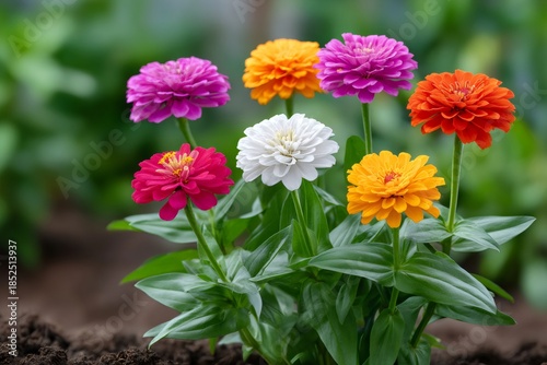 Zinnia flowers blooming in a vibrant colorful garden