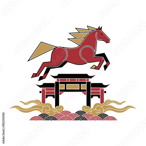 Artistic 2026 Chinese Year of the Horse vector featuring a red horse leaping over a traditional gate with stylized waves and gold clouds background