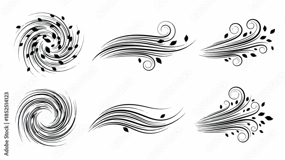 Fototapeta premium Dynamic Wind and Leaf Swirls Collection Illustrating Natural Forces and Movement.
