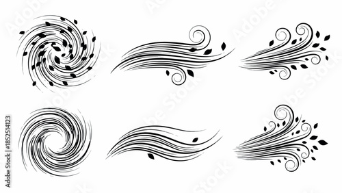 Dynamic Wind and Leaf Swirls Collection Illustrating Natural Forces and Movement.