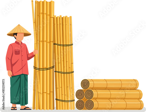 Farmer standing beside bamboo bundles.