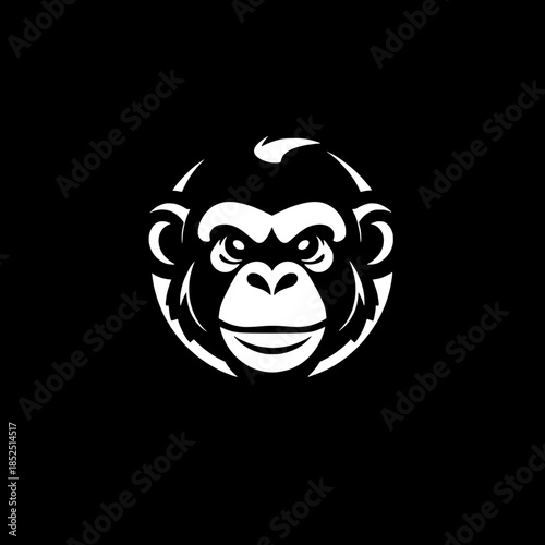 Graphic monkey face emblem in black and white, with bold dark outlines, simplified facial features, a circular framing that tightly encloses the emblem, and a minimalistic logo design that exudes a st