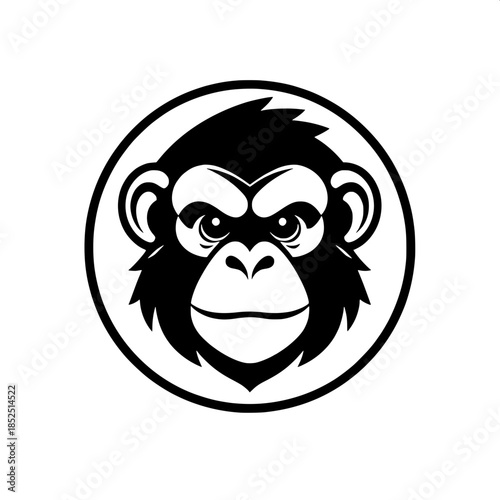 Graphic monkey face emblem in black and white, with bold dark outlines, simplified facial features, a circular framing that tightly encloses the emblem, and a minimalistic logo design that exudes a st