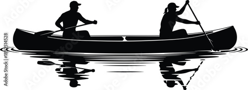 Canoe paddling silhouette, two people rowing boat, water reflection scene, outdoor adventure concept, teamwork sport illustration, black white design