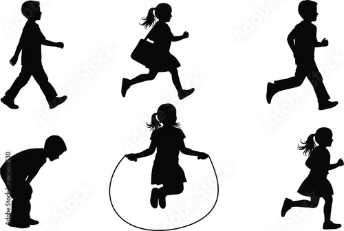 Children activity silhouettes, kids walking running jumping illustration, playful childhood motion set, outdoor play concept, black white design