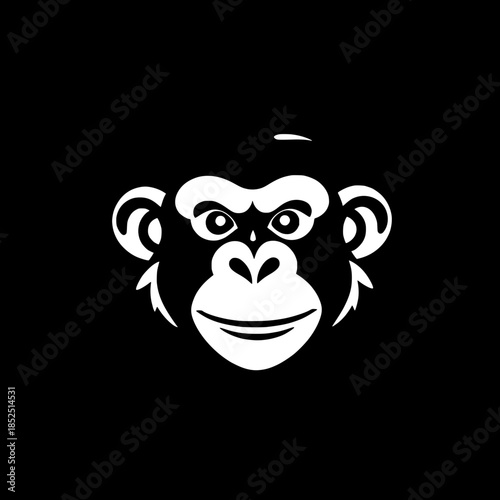 Graphic monkey face emblem in black and white, with bold dark outlines, simplified facial features, a circular framing that tightly encloses the emblem, and a minimalistic logo design that exudes a st