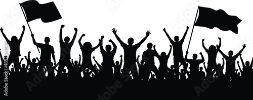 Crowd protest silhouette illustration, people cheering with flags, unity freedom demonstration concept, social movement, black white design